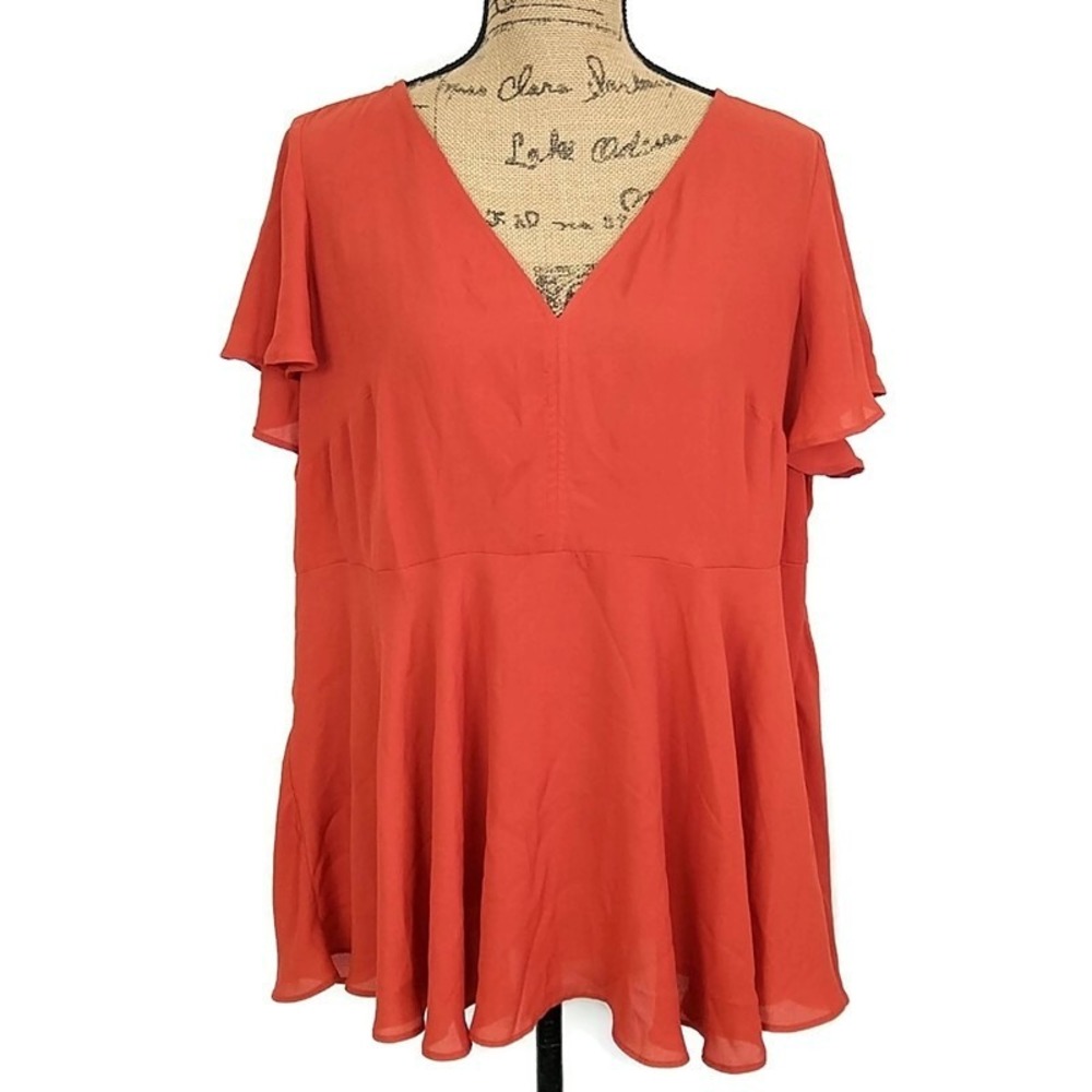 Torrid Peplum Blouse Women 1 Burnt Orange Chiffon V-Neck Flutter Sleeve Top